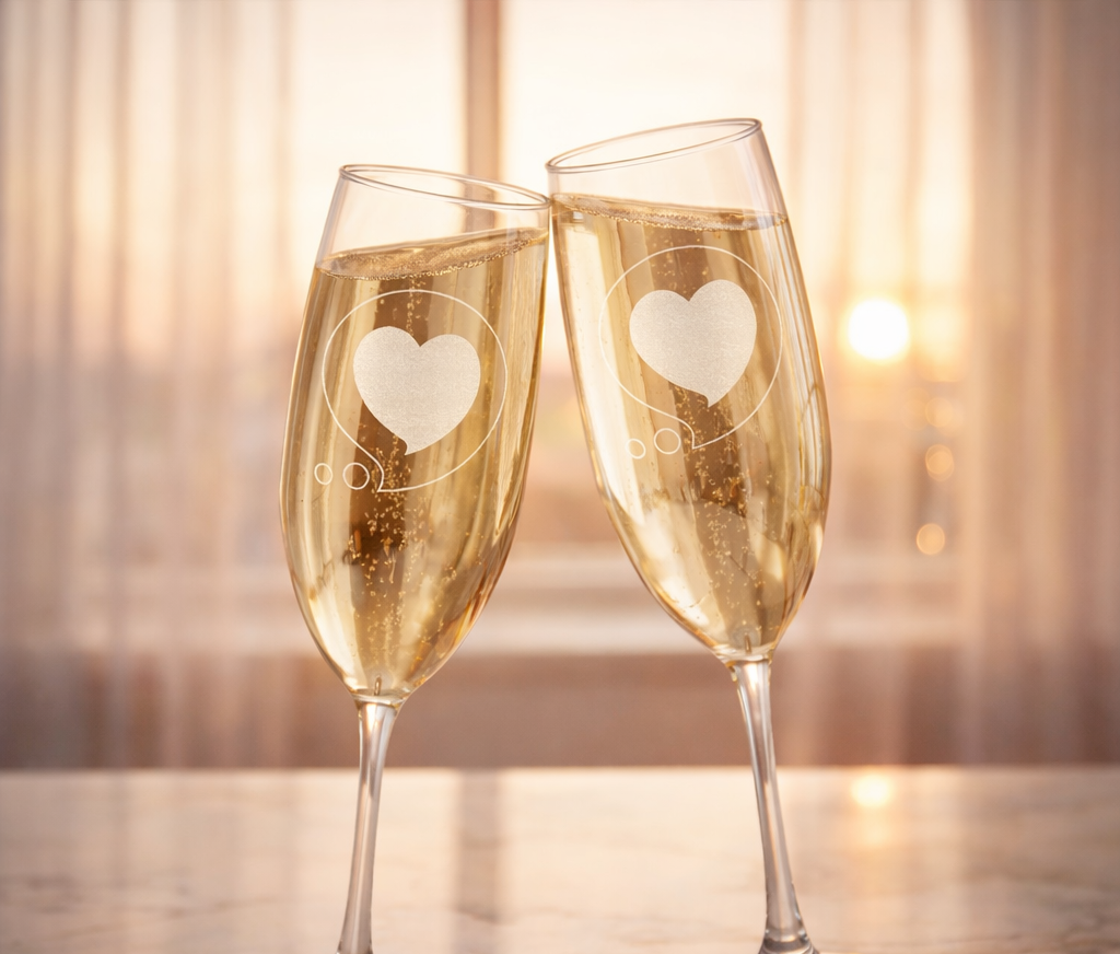 Engraved 8oz Champagne Flute – Thinking of You Heart Bubble