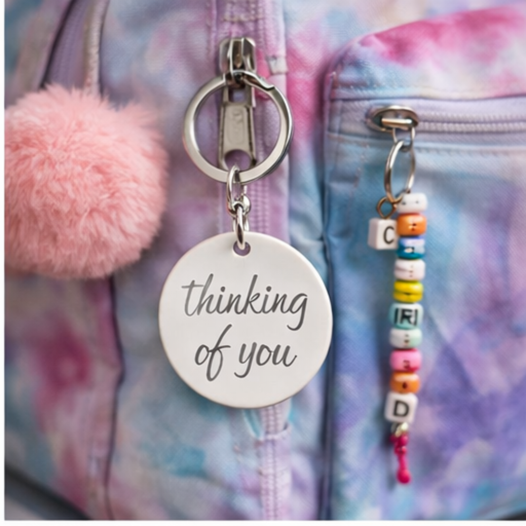 Engraved Round Stainless Keychain — "Thinking of You" Heart Keepsake