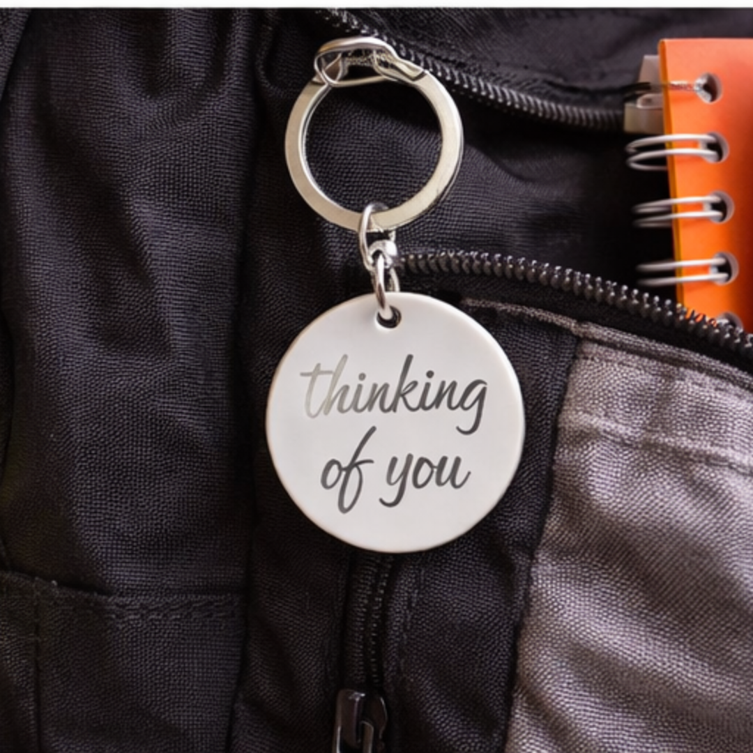 Engraved Round Stainless Keychain — "Thinking of You" Heart Keepsake
