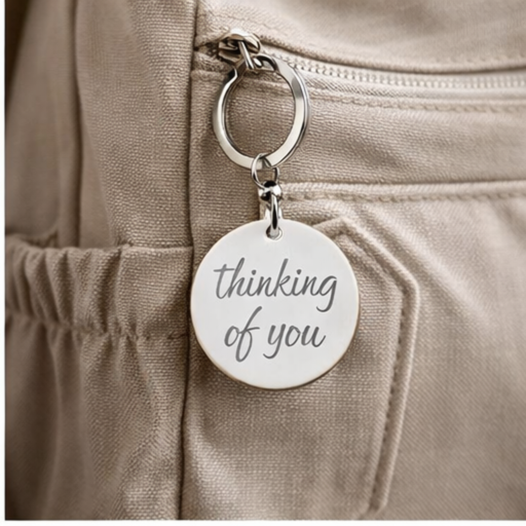 Engraved Round Stainless Keychain — "Thinking of You" Heart Keepsake