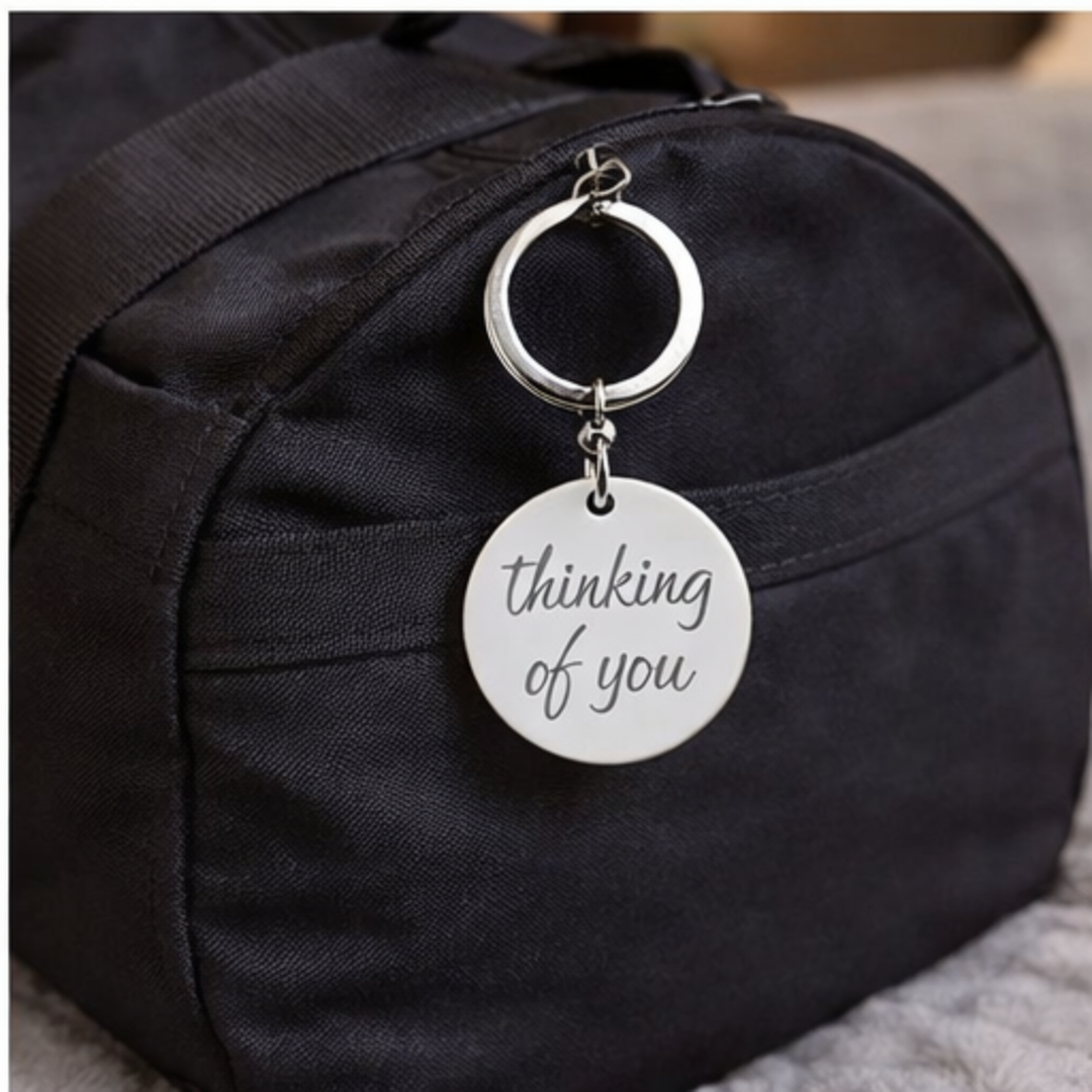 Engraved Round Stainless Keychain — "Thinking of You" Heart Keepsake