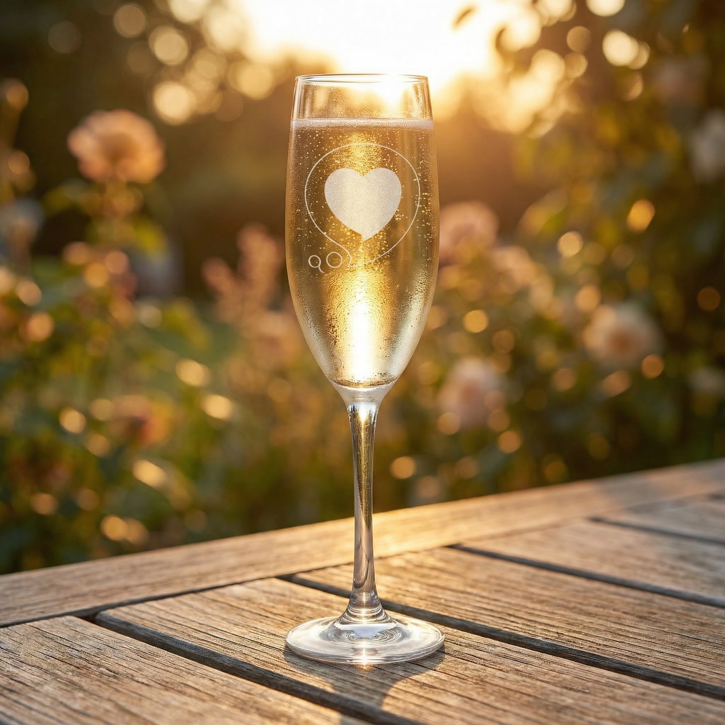 Engraved 8oz Champagne Flute – Thinking of You Heart Bubble