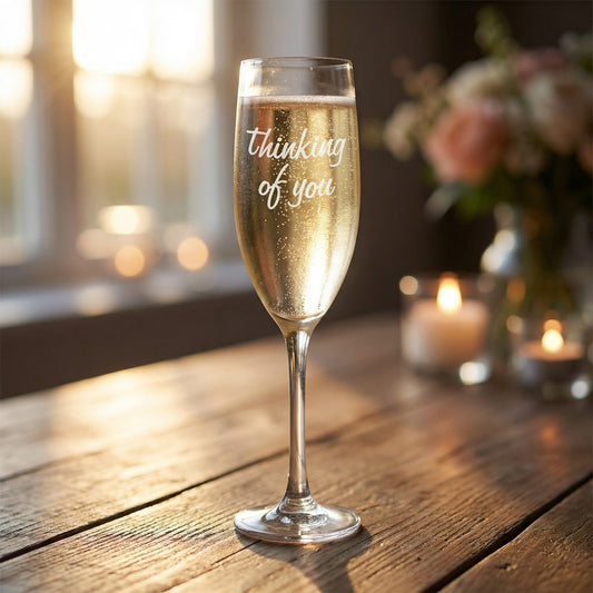 Engraved 8oz Champagne Flute – Thinking of You Heart Bubble