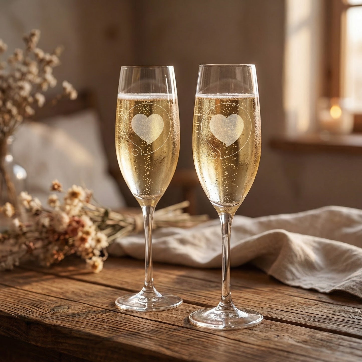 Engraved 8oz Champagne Flute – Thinking of You Heart Bubble