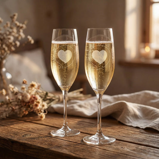 Engraved 8oz Champagne Flute – Thinking of You Heart Bubble